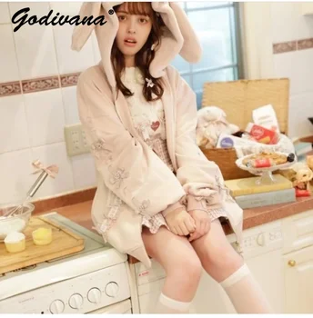 Японская девушка-Лиз, Женская толстовка с капюшоном с милыми заячьими ушками, осенне-зимняя одежда, свободная толстовка средней длины, кардиган на молнии