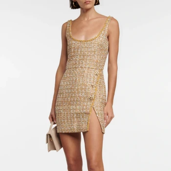 Золотое твидовое платье для женщин 2023, сексуальное маленькое ароматное мини-платье на бретелях с люрексом и разрезом с U-образным вырезом, с разрезом,