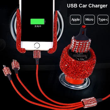 Кабель для зарядного устройства 3 в 1, двойной USB, автомобильное зарядное устройство, блестящие стразы, вентиляционное отверстие для автомобиля, держатель для телефона, аксессуары для автомобиля