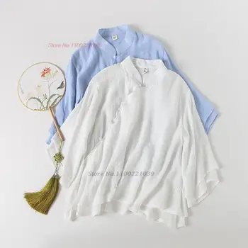 китайская винтажная блузка ципао 2024 года, национальные двухслойные хлопчатобумажные льняные топы hanfu, традиционный китайский чайный сервиз hanfu, рубашка